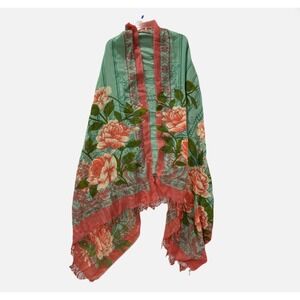 DANA XU Floral Print Wool Pashmina Shawl Scarf Wrap Teal Pink Fringe Trim